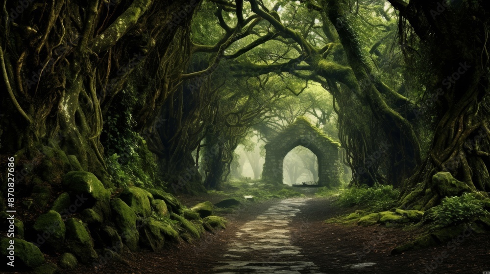 Naklejka premium Mystical forest with moss-covered trees and paths.