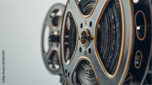 Vintage film reel in close-up, industrial background. Cinema and entertainment concept