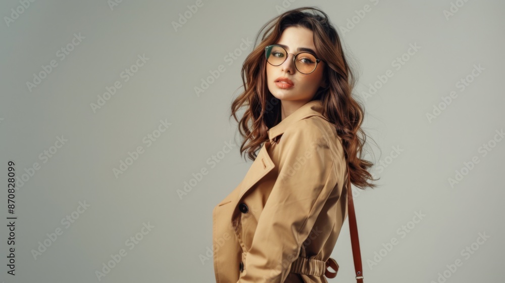 shot of fashionable woman holding trench coat and looking away isolated on grey shot of fashionable woman holding trench coat and looking away isolated on grey