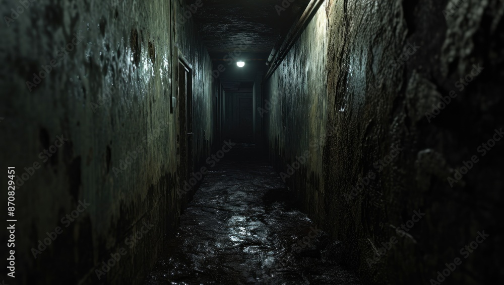 A dark corridor in an abandoned building. Cluttered corridor in ruins. Abandoned building. Horror. Dark room A dark corridor in an abandoned building. Cluttered corridor in ruins. Abandoned building. Horror. Dark room
