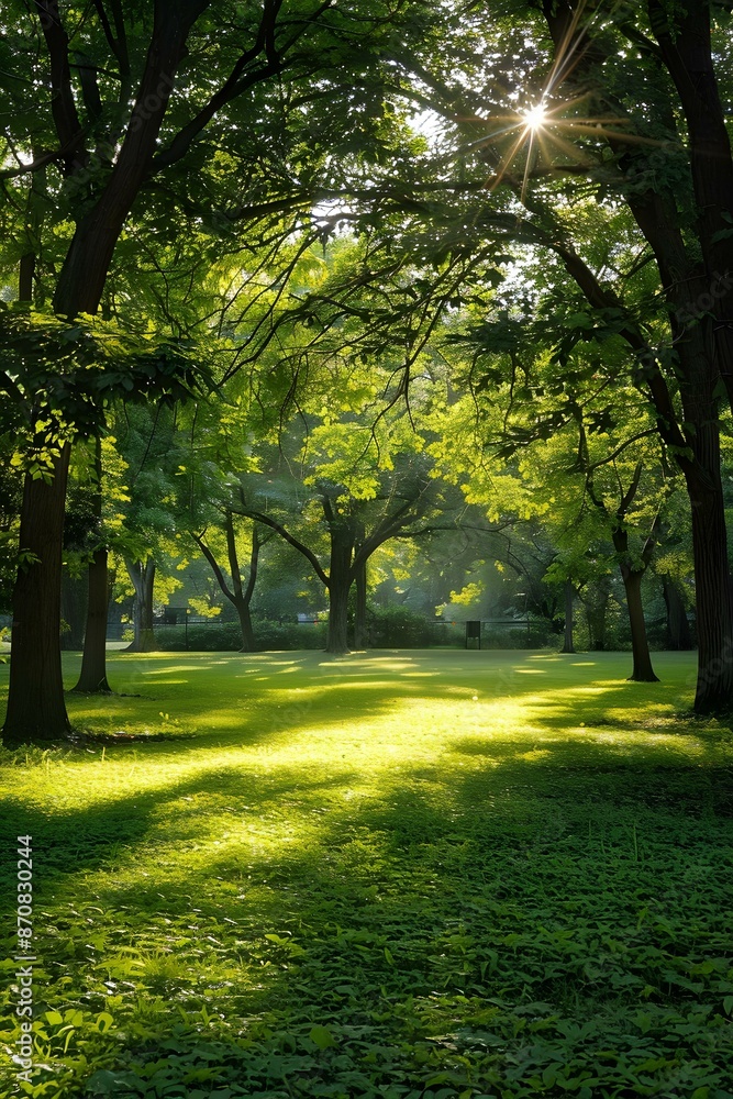Obraz premium Sunlight shining through the trees in a city park