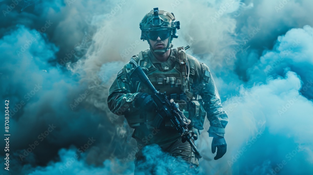 Special operations forces soldier, army ranger or commando in camo uniform, helmet and ballistic glasses walking at battlefield Special operations forces soldier, army ranger or commando in camo uniform, helmet and ballistic glasses walking at battlefield