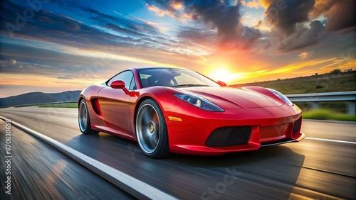 Red Sport Car Fast Drive Speed On Asphalt Road