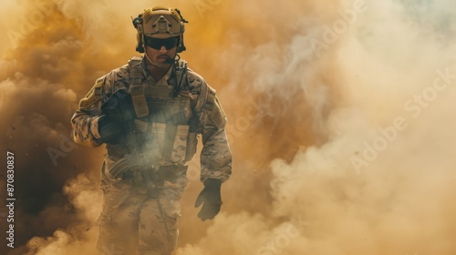 Special operations forces soldier, army ranger or commando in camo uniform, helmet and ballistic glasses walking at battlefield