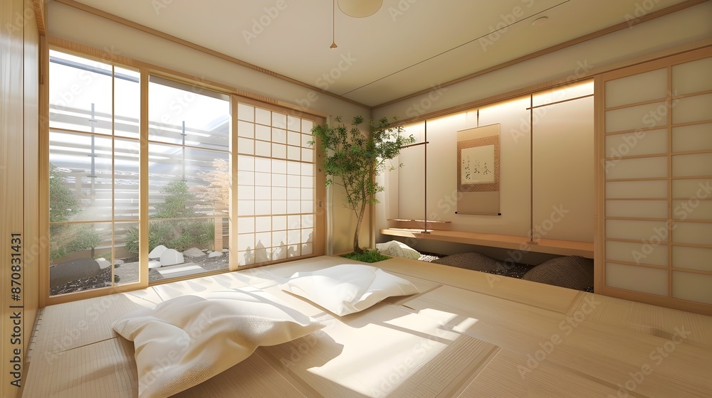 Fototapeta premium Minimalist Japanese-Inspired Muji-Style House with Serene Tatami Mat Area