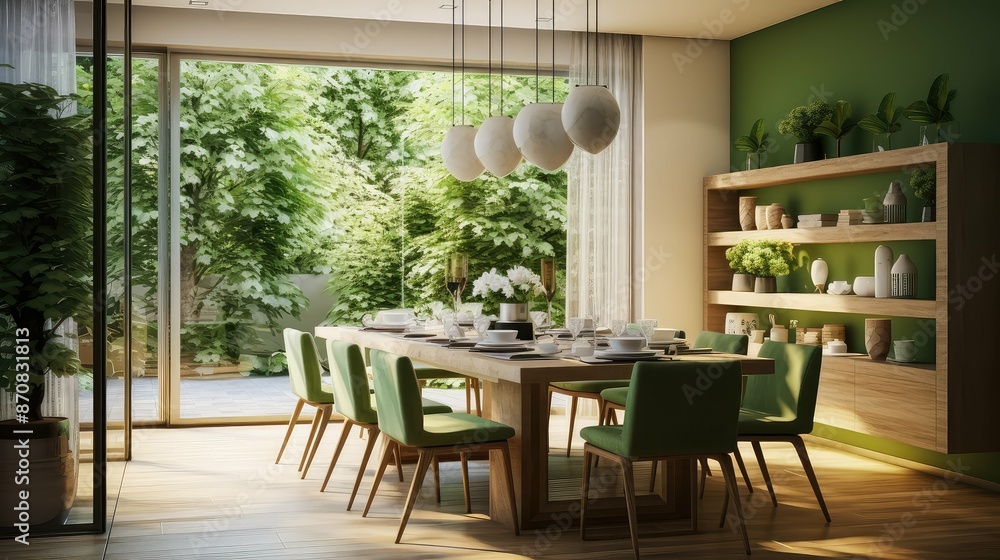 Obraz premium dining blurred green home interior