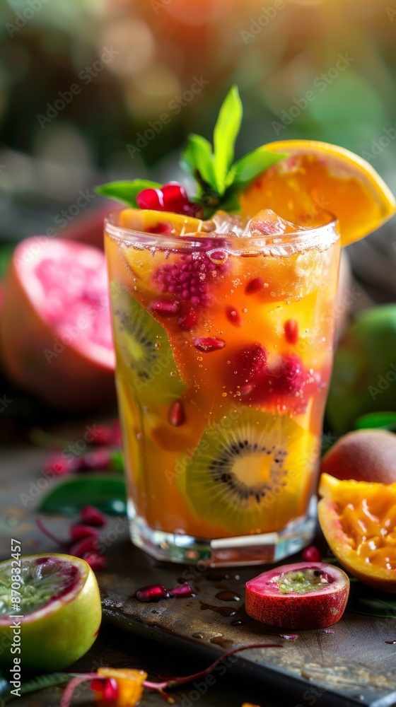 A vibrant cocktail created entirely from exotic fruits, showcasing a colorful and refreshing blend of tropical flavors.