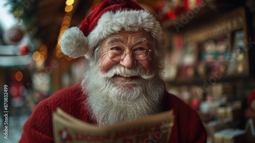 Jolly Santa Claus smiling and holding a newspaper in a festive, illuminated Christmas market setting. photo