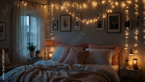 A cozy bedroom aglow with fairy lights, casting a dreamy array of colors ai_generated