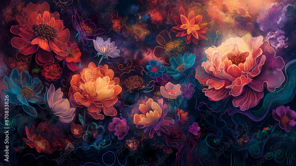 Fototapeta premium Vibrant and colorful abstract floral illustration with a dark background. The flowers are painted in a painterly style. This would be a great background for your next project.