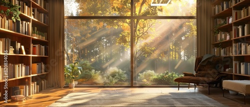 warm inviting scenic home office library with expansive view of nature in golden hour sunlight rustic wood bookshelf in cozy decorated room virtual online zoom presentation meeting room background