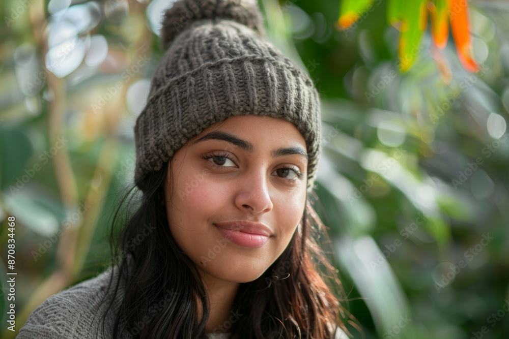 Portrait of a blissful indian woman in her 20s donning a warm wool beanie in lush botanical garden Portrait of a blissful indian woman in her 20s donning a warm wool beanie in lush botanical garden