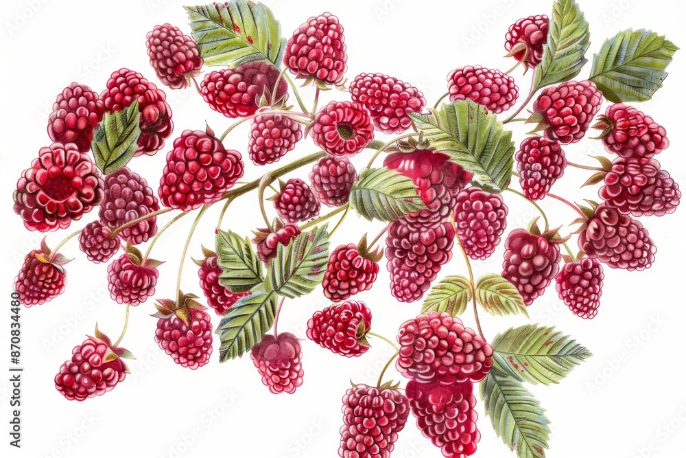 A stunning arrangement of raspberries in a creative collage formation, bursting with color and energy. The illustration showcases the beauty of the fruit in a unique and captivating way. A stunning arrangement of raspberries in a creative collage formation, bursting with color and energy. The illustration showcases the beauty of the fruit in a unique and captivating way.