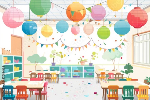 A colorful and whimsical ceiling decoration adds a playful touch to the classroom, creating a lively atmosphere for learning. The illustration is set against a clean white background.