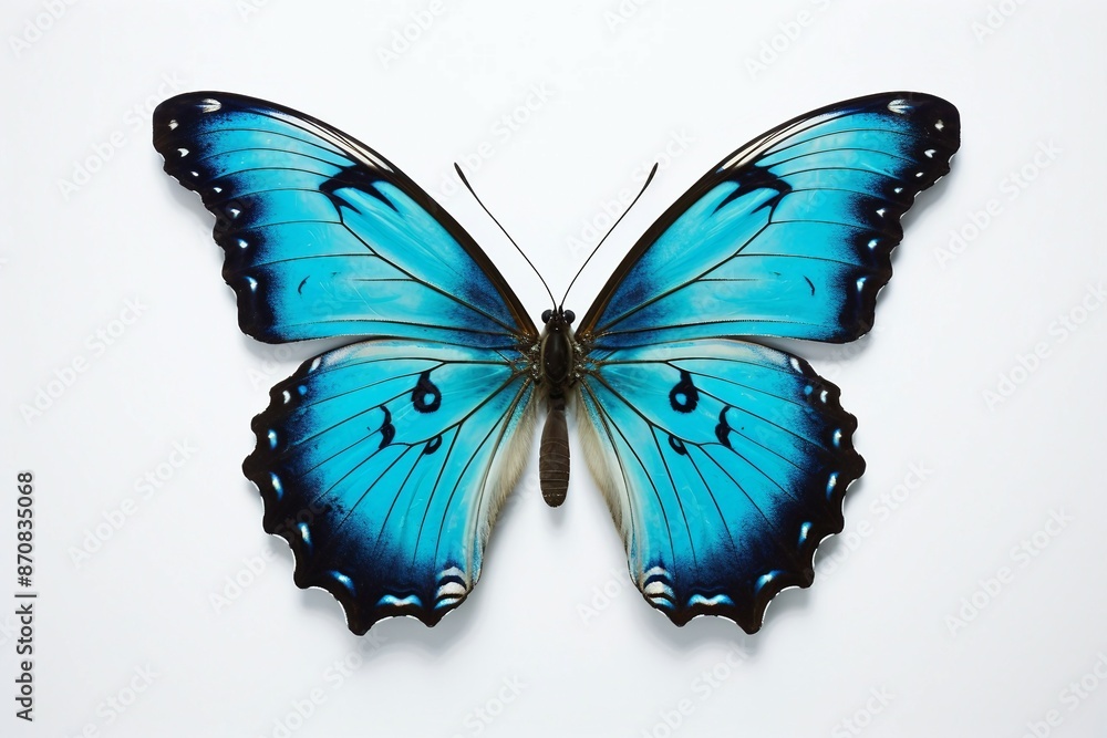 Fototapeta premium Vibrant Blue Butterfly with Detailed Black Patterns on White Background, Perfect for Nature and Wildlife Themes. Generative AI