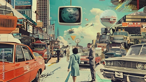 Retrofuturistic Cityscape Blends Classic Cars, Global Communication, and Futuristic Transportation