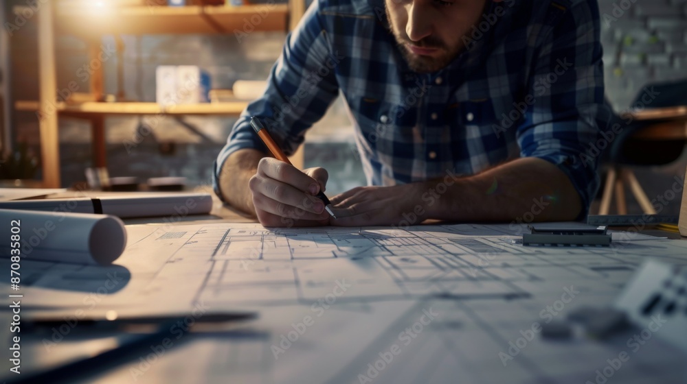 Male Civil Engineer Working on Blueprint Architectural Project Male Civil Engineer Working on Blueprint Architectural Project