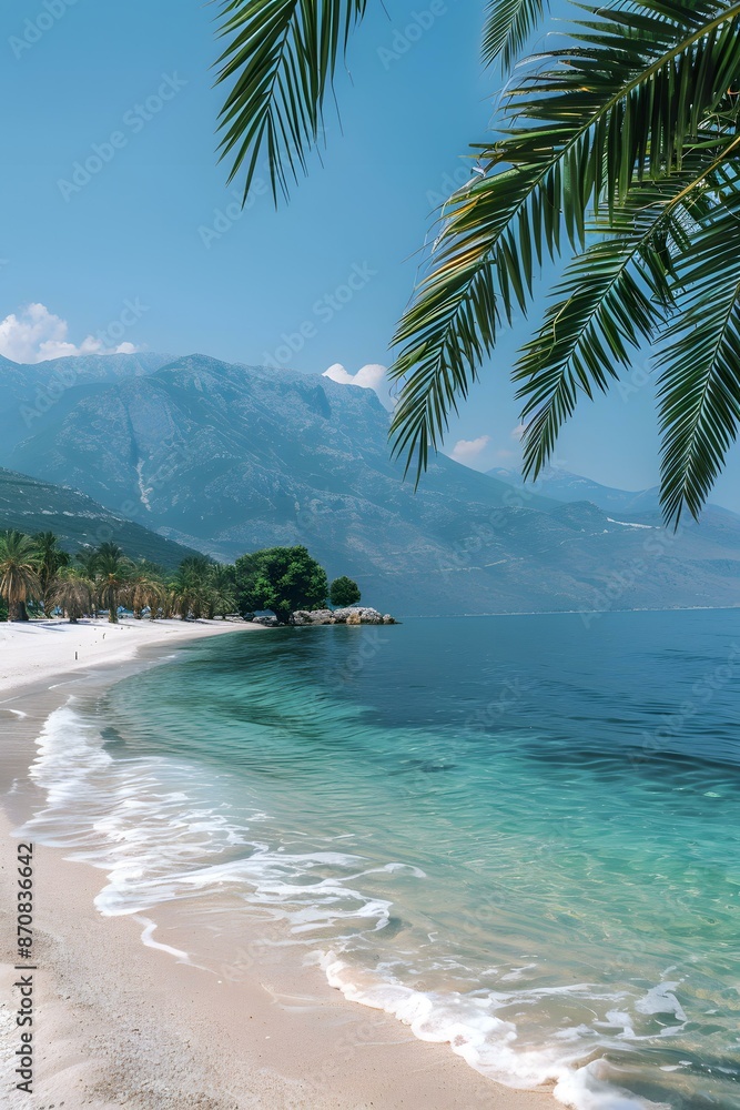 Fototapeta premium Tropical beach with palm trees and mountains