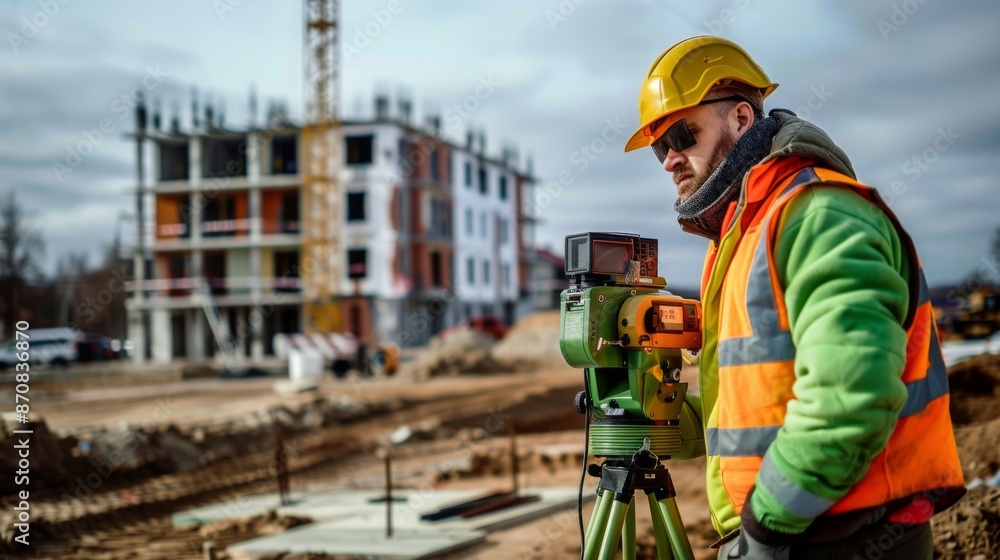 Professional Surveying Team Utilizing Theodolite Transit Gear at Job Site Professional Surveying Team Utilizing Theodolite Transit Gear at Job Site