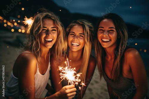 Fototapeta Naklejka Na Ścianę i Meble -  Group of female friends playing with fireworks together enjoying and having fun at an outdoor beach party on a travel holiday.