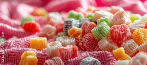 Many colorful yupi candies on a pile of pink cloth with a spotlight