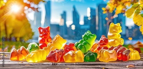 A pile of colorful Yupi candies exposed to sunlight on a blurred background
