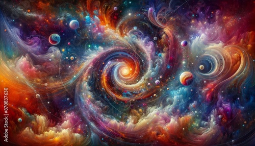 Cosmic Whirlwind: A Vibrant Symphony of Color and Motion - A mesmerizing swirl of vibrant colors captures the dynamism of the cosmos, featuring swirling nebulae, twinkling stars, and planets in a brea