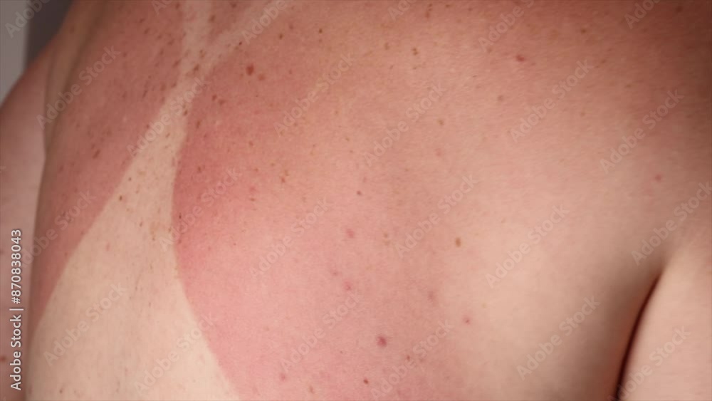Pigmented skin. reddened skin on the back of a woman with sunburn. Skin care and protection from the sun's ultraviolet rays. Pigmented skin. reddened skin on the back of a woman with sunburn. Skin care and protection from the sun's ultraviolet rays.