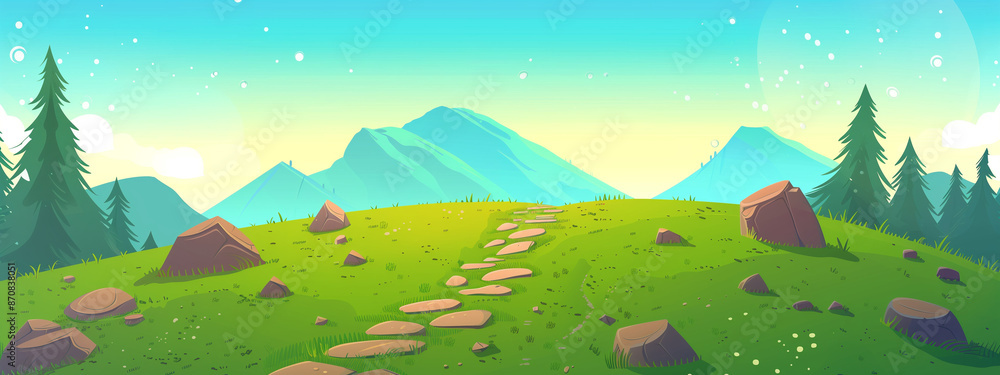Fototapeta premium Cartoon landscape with green hills mountains and walking path 