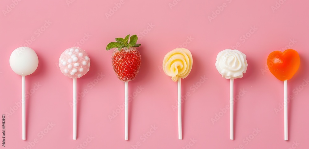 A strawberry and many candies are lined up in the photo on a pink background A strawberry and many candies are lined up in the photo on a pink background