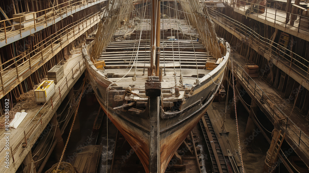 Fototapeta premium Workers restoring a historical frigate in a dry dock.