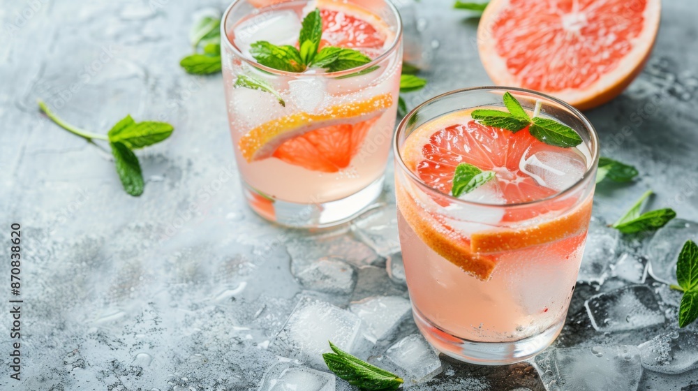Summer refreshing grapefruit drink or alcoholic cocktail with grapefruit slices, ice and herbs. Citrus detox drink. with copy space Summer refreshing grapefruit drink or alcoholic cocktail with grapefruit slices, ice and herbs. Citrus detox drink. with copy space
