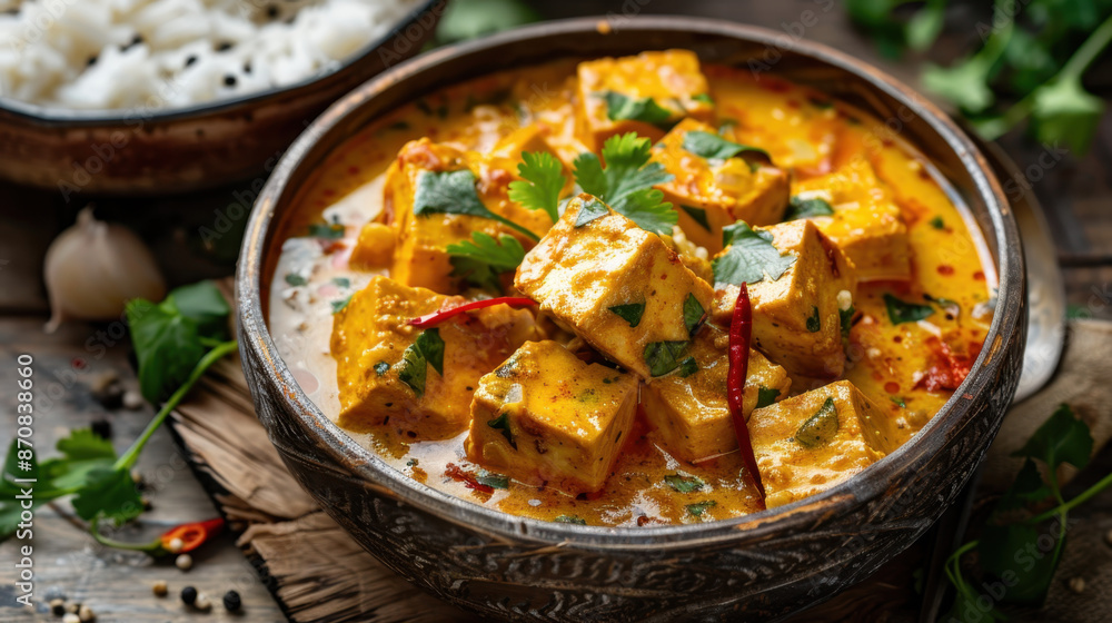 Authentic Indian Paneer Curry in Traditional Bowl with Herbs, Spices, and Rice Side Dish Authentic Indian Paneer Curry in Traditional Bowl with Herbs, Spices, and Rice Side Dish