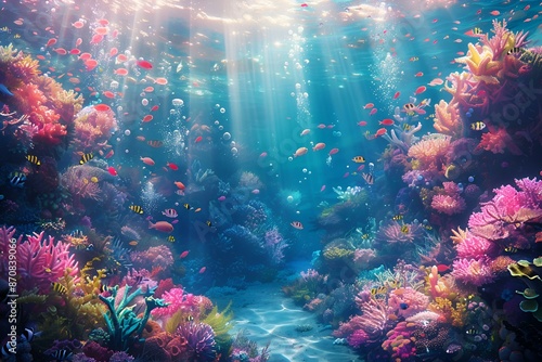 Colorful coral reefs and various fish swimming in a vibrant underwater scene.