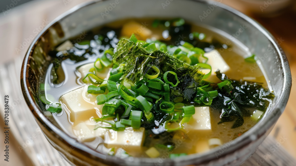 Traditional Japanese miso soup with tofu, seaweed, and green onions in a ceramic bowl Traditional Japanese miso soup with tofu, seaweed, and green onions in a ceramic bowl