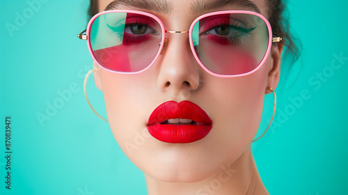 Elegant woman with striking red lipstick and oversized pink sunglasses posing against a turquoise background.