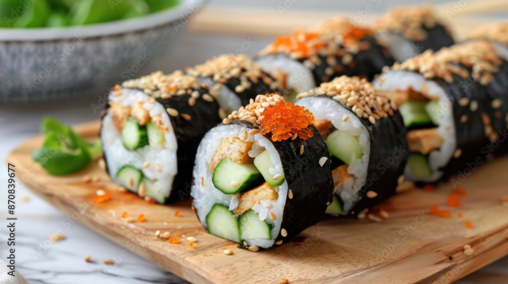 Close-up of sushi rolls with cucumber, rice, nori, sesame seeds, and fish roe on a wooden board Close-up of sushi rolls with cucumber, rice, nori, sesame seeds, and fish roe on a wooden board
