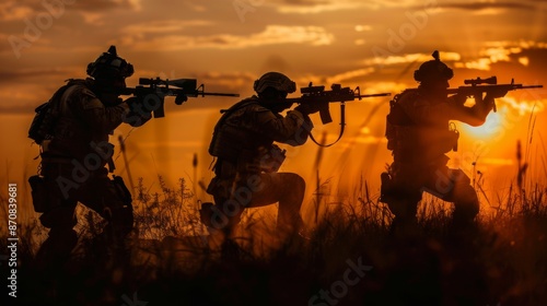 Team special forces. soldier assault rifle with silencer.Silhouette action soldiers hold weapons.military and danger concept