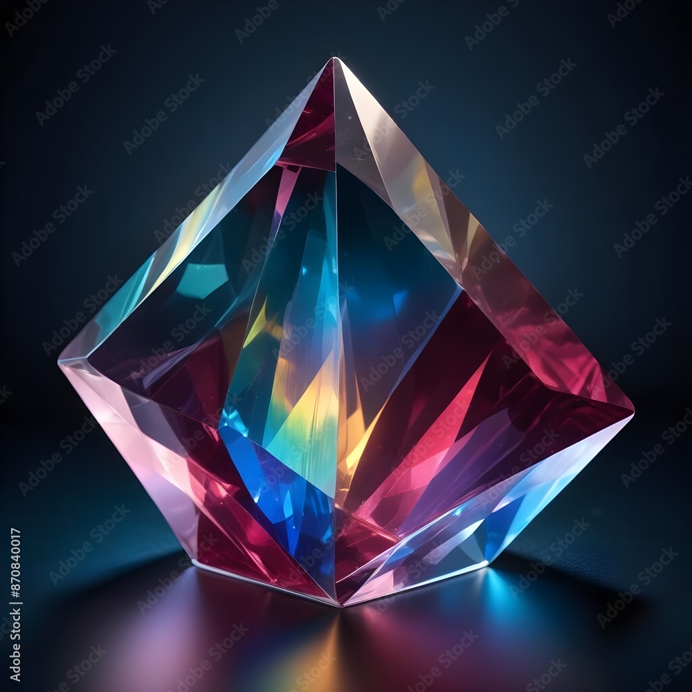 A large, colorful crystal prism with a glowing, rainbow-like effect against a dark background
A large, colorful crystal prism with a glowing, rainbow-like effect against a dark background