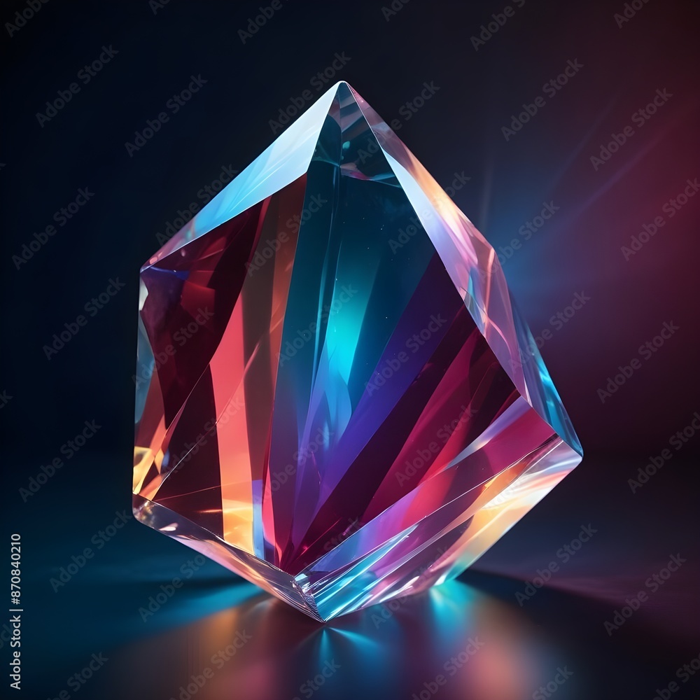 A large, colorful crystal prism with a glowing, rainbow-like effect against a dark background
A large, colorful crystal prism with a glowing, rainbow-like effect against a dark background