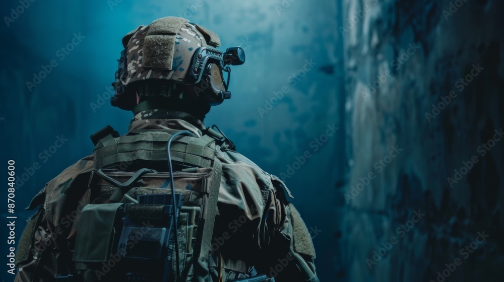 The fighter of the special unit turned and threateningly looks at the enemy. Back view