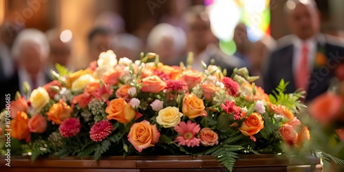 Mourners gather in church for a funeral service with a casket adorned with flowers. Concept Funeral service, Church gathering, Casket with flowers, Mourners, Grief and remembrance