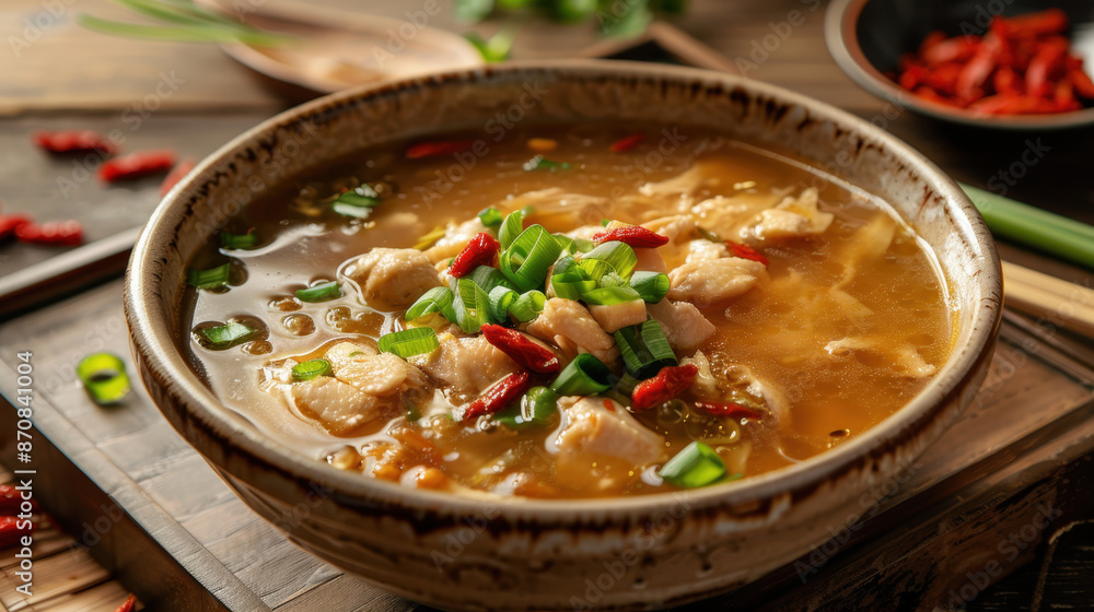 Traditional Chinese chicken soup with goji berries, green onions, and vegetables in a rustic ceramic bowl Traditional Chinese chicken soup with goji berries, green onions, and vegetables in a rustic ceramic bowl