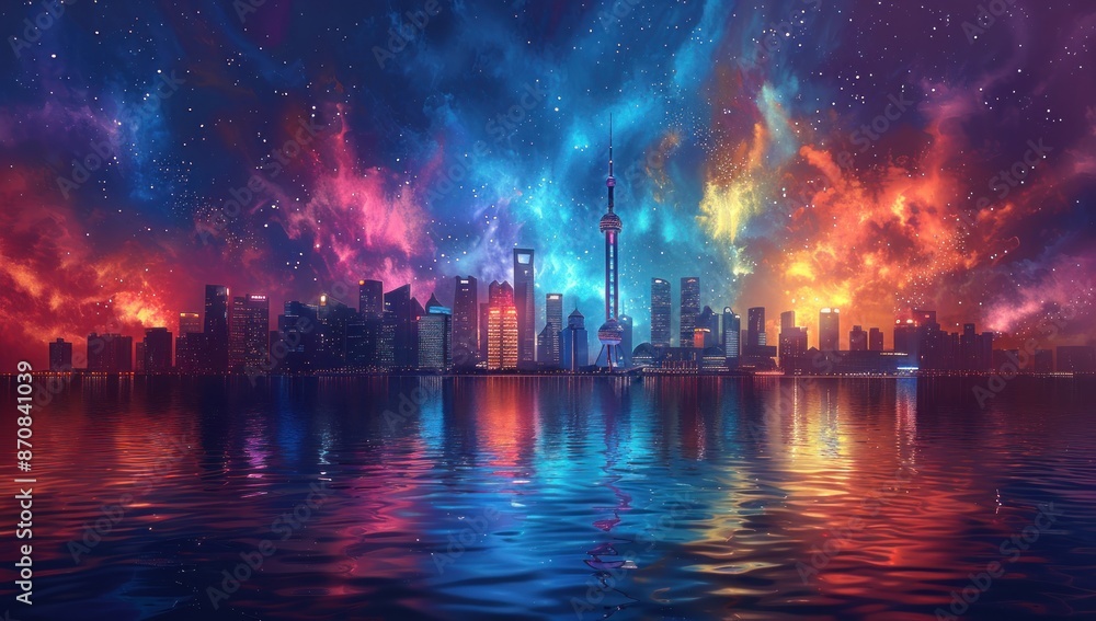 Cityscape Under a Vibrant Night Sky Cityscape Under a Vibrant Night Sky