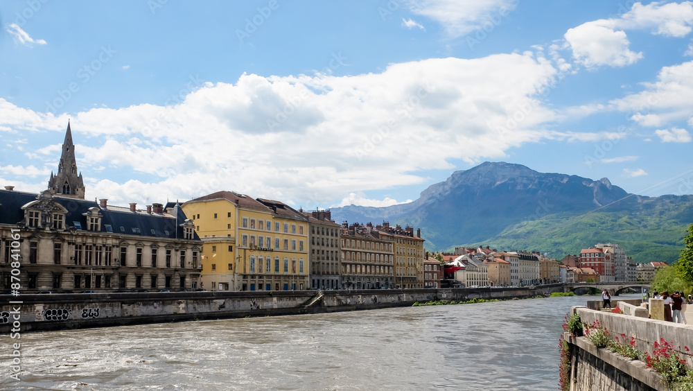 Fototapeta premium Row Of Old Buildings On Isère Riverbank In Grenoble City, France.