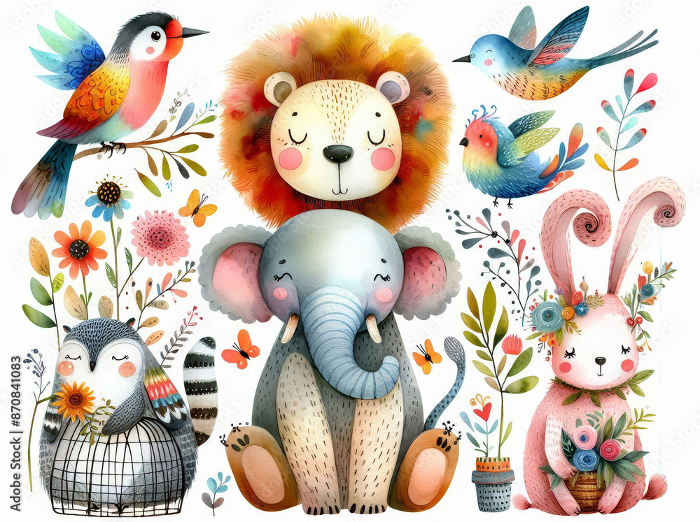Playful Watercolor Illustration of Animals in a Garden - A whimsical watercolor illustration features a diverse group of animals in a garden setting with bright colors and playful expressions. - A whi Playful Watercolor Illustration of Animals in a Garden - A whimsical watercolor illustration features a diverse group of animals in a garden setting with bright colors and playful expressions. - A whi