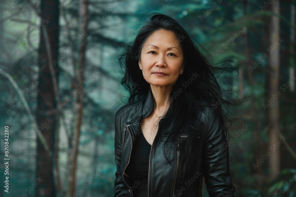 Portrait of a satisfied asian woman in her 50s sporting a classic leather jacket in front of backdrop of a mystical forest Portrait of a satisfied asian woman in her 50s sporting a classic leather jacket in front of backdrop of a mystical forest