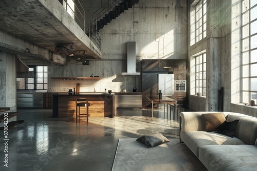 loft style kitchen and dining room with concrete floor © Enrique