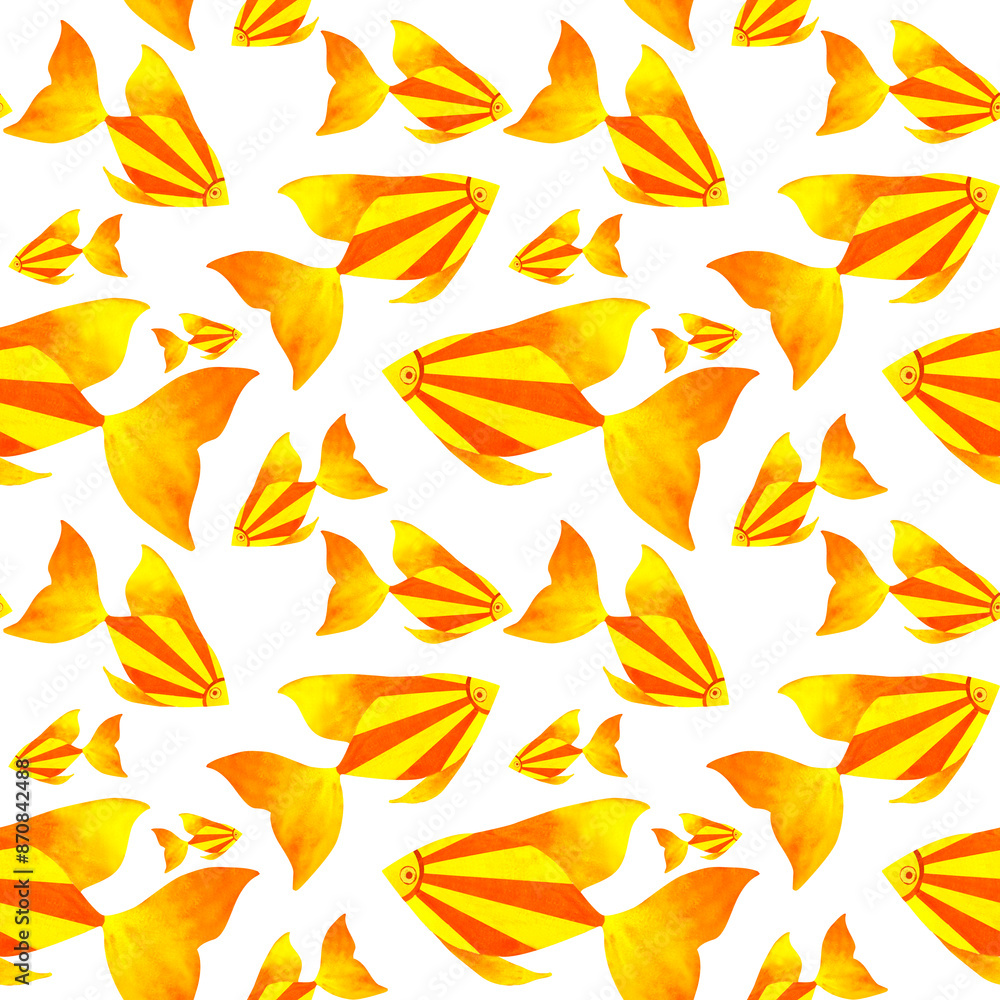 Yellow and Orange sea fish. Marine underwater seamless pattern, watercolor art in ocean kids style, for decorating children room, package, scrapbook, school, nursery, invitation, print, postcard Yellow and Orange sea fish. Marine underwater seamless pattern, watercolor art in ocean kids style, for decorating children room, package, scrapbook, school, nursery, invitation, print, postcard