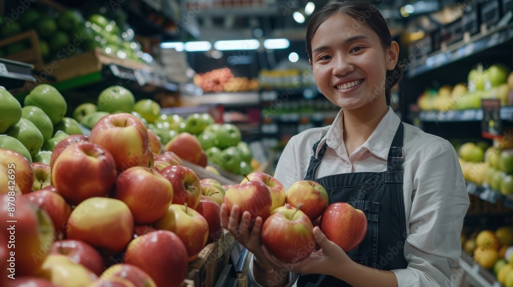 Happy supermarket employee holds fresh apples while working at fruit section Happy supermarket employee holds fresh apples while working at fruit section